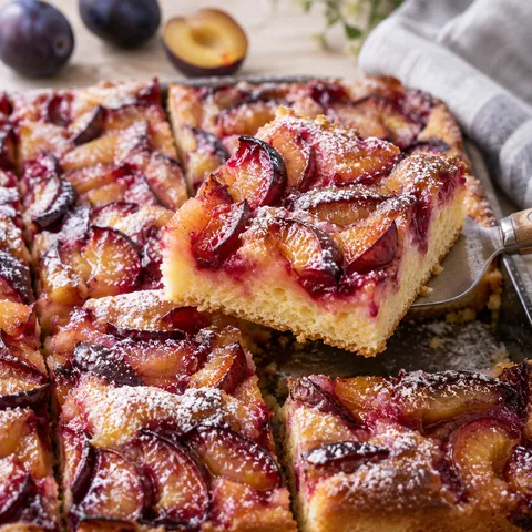 Pflaumenkuchen vom Blech mit Puderzucker und saftigen Pflaumen