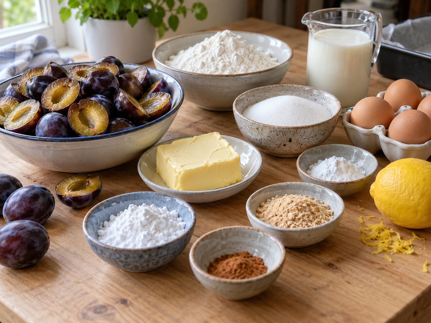 Zutaten für Pflaumenkuchen mit Pflaumen, Butter, Eiern und Mehl