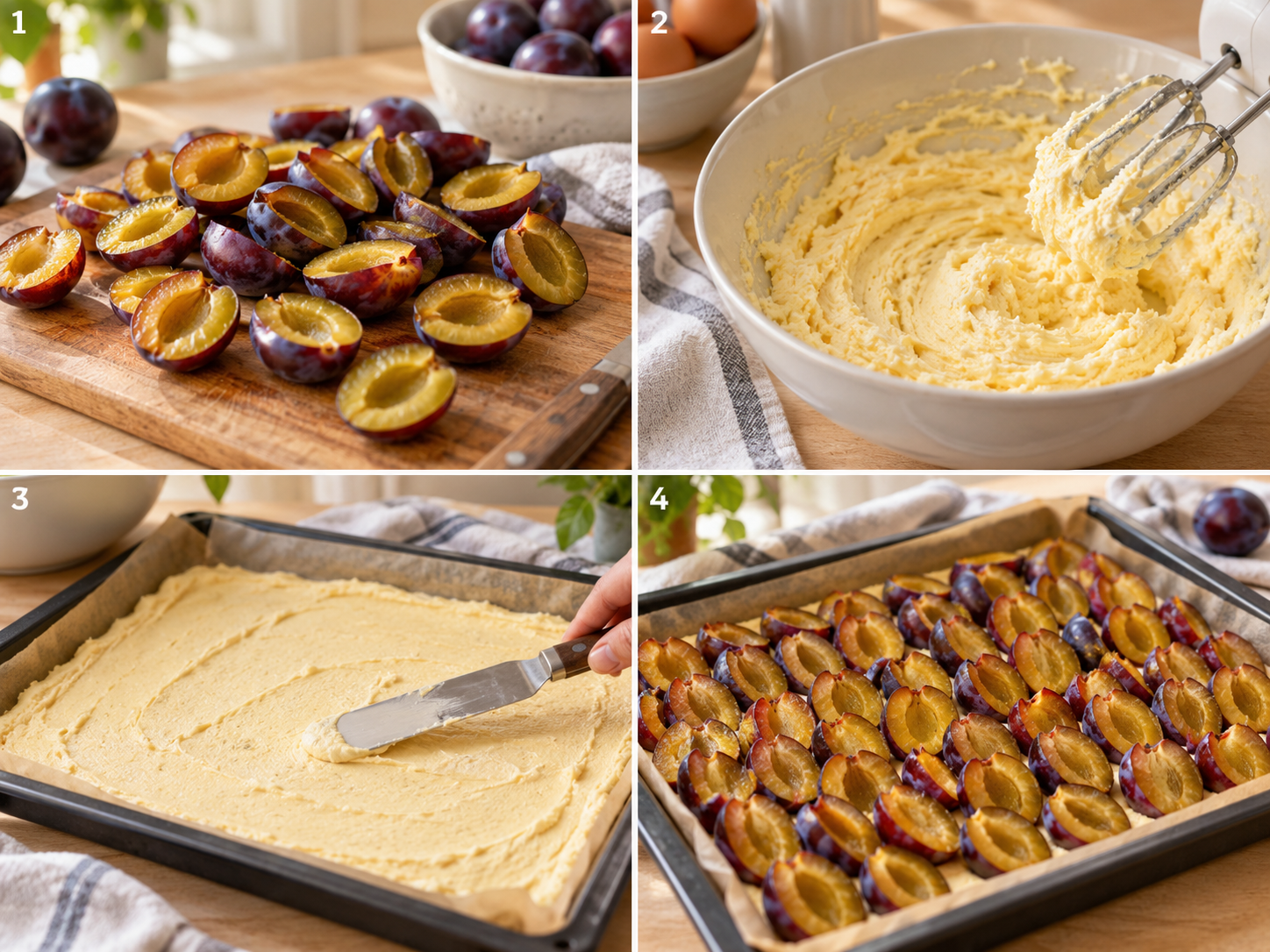 Vier Zubereitungsschritte für Pflaumenkuchen vom Blech