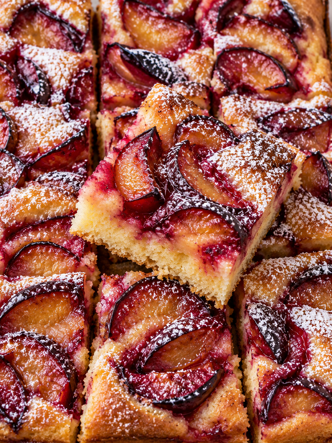 Pflaumenkuchenstücke vom Blech mit Puderzucker und violetten Pflaumen