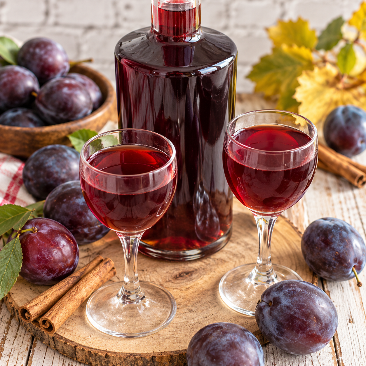 Dunkelroter Pflaumenlikör mit Zimt in Flasche und Gläsern