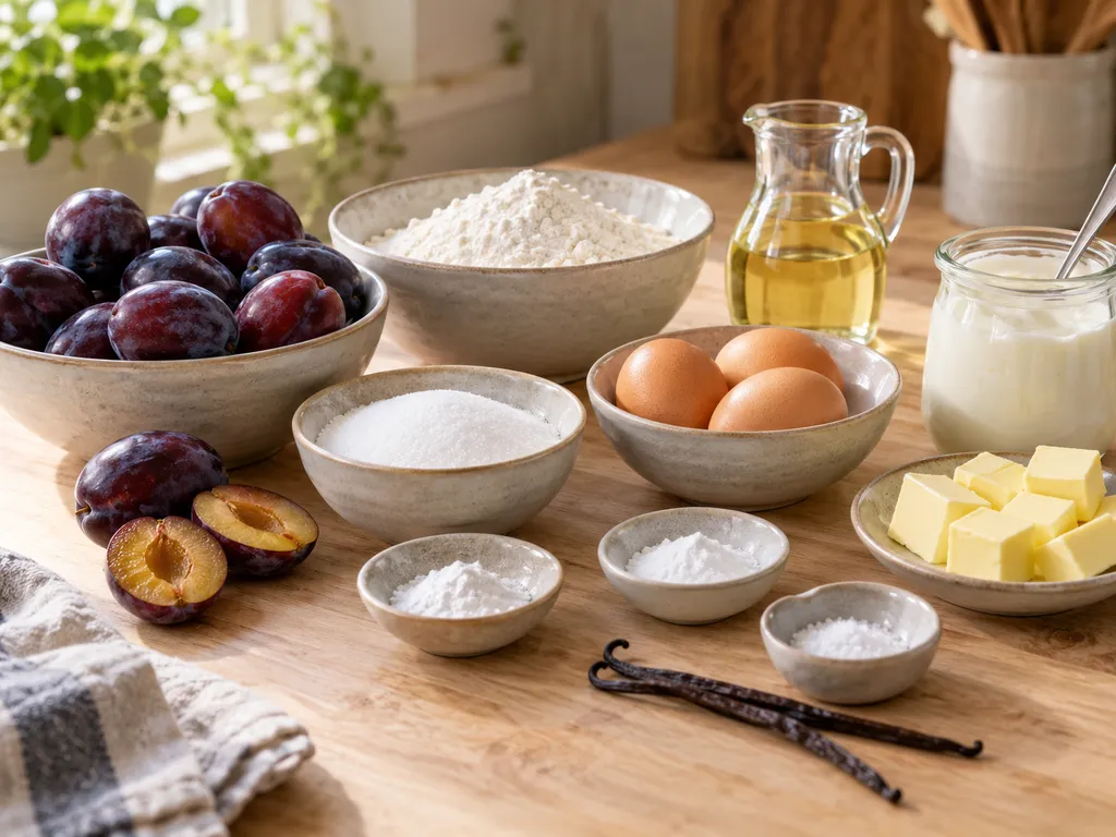 Zutaten fuer Pflaumenmuffins mit Joghurt, Zimt und Streuseln