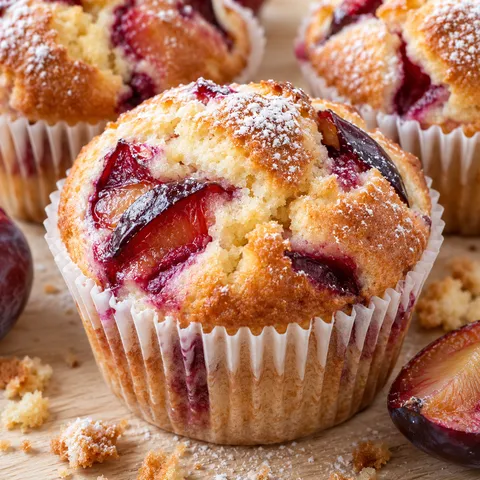 Goldbraune Pflaumenmuffins mit Puderzucker und roten Fruchtstücken