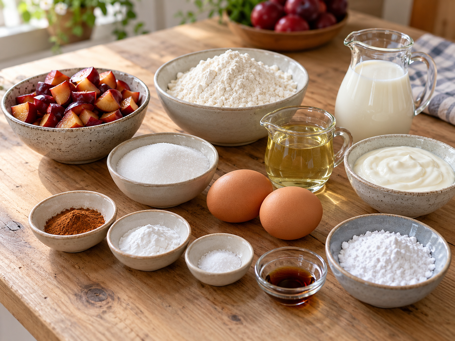 Zutaten für Pflaumenmuffins mit Pflaumen, Mehl, Joghurt und Zimt
