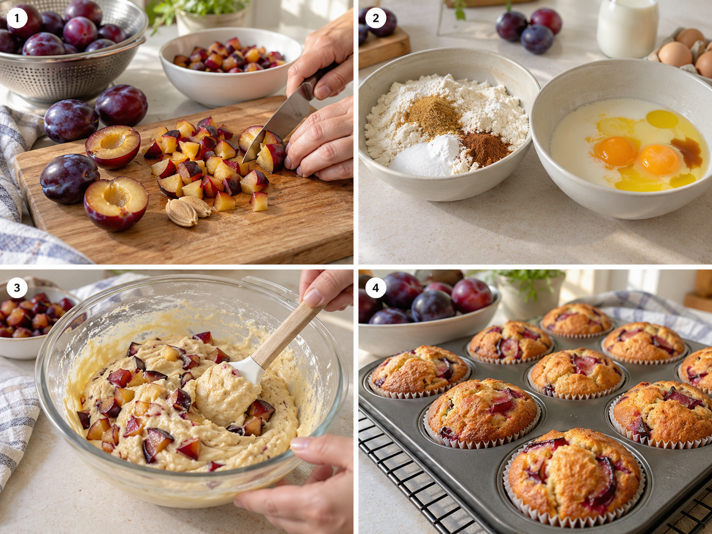 Vier Schritte für Pflaumenmuffins vom Schneiden bis zum Backen