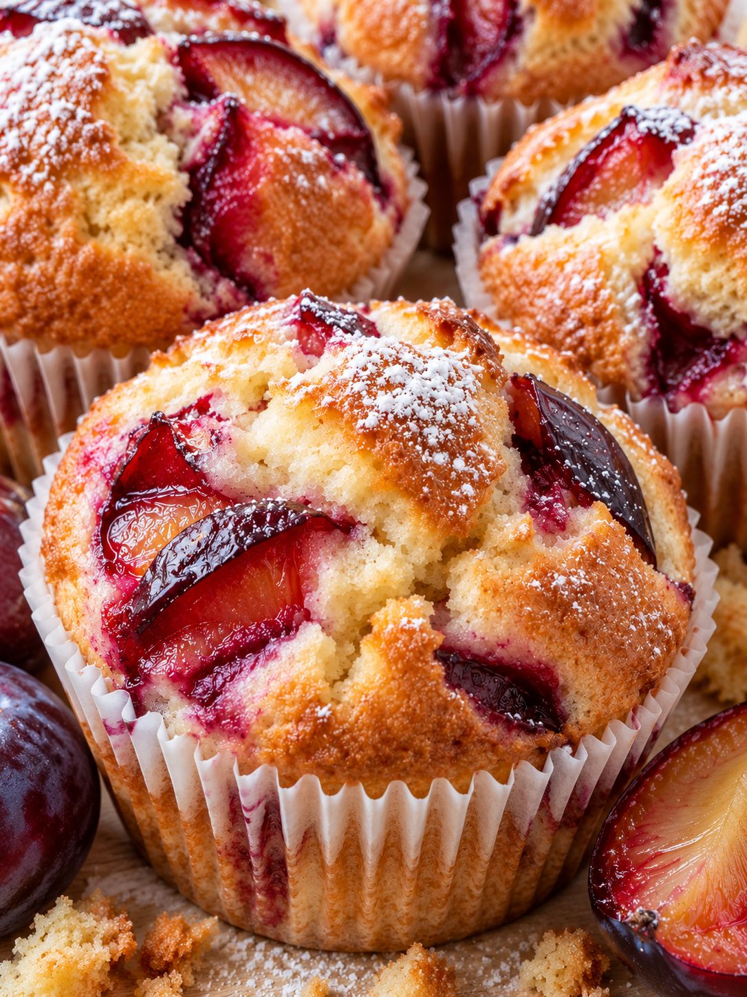 Pflaumenmuffins mit Puderzucker dicht an dicht im Hochformat