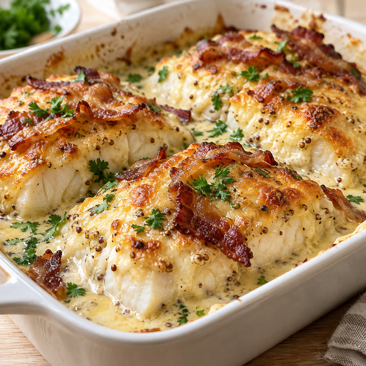 Fischfilet mit Speck, Senfsauce, Käsekruste und Petersilie