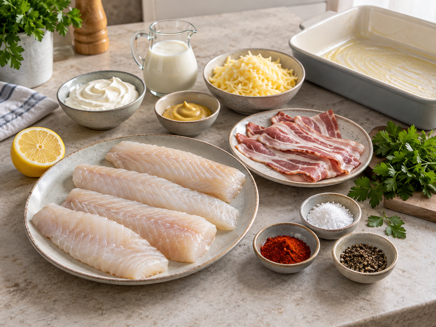 Zutaten für Fischfilet mit Speck, Senf und saurer Sahne