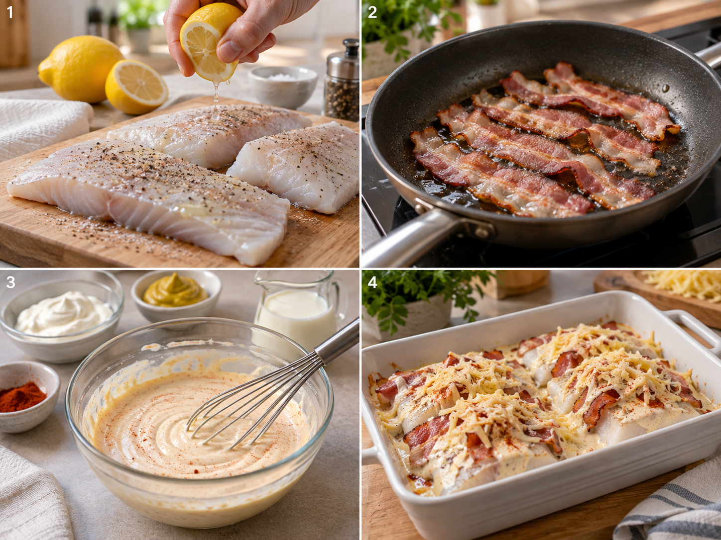 Vier Schritte für Fischfilet mit Speck und Senf-Sahne-Sauce