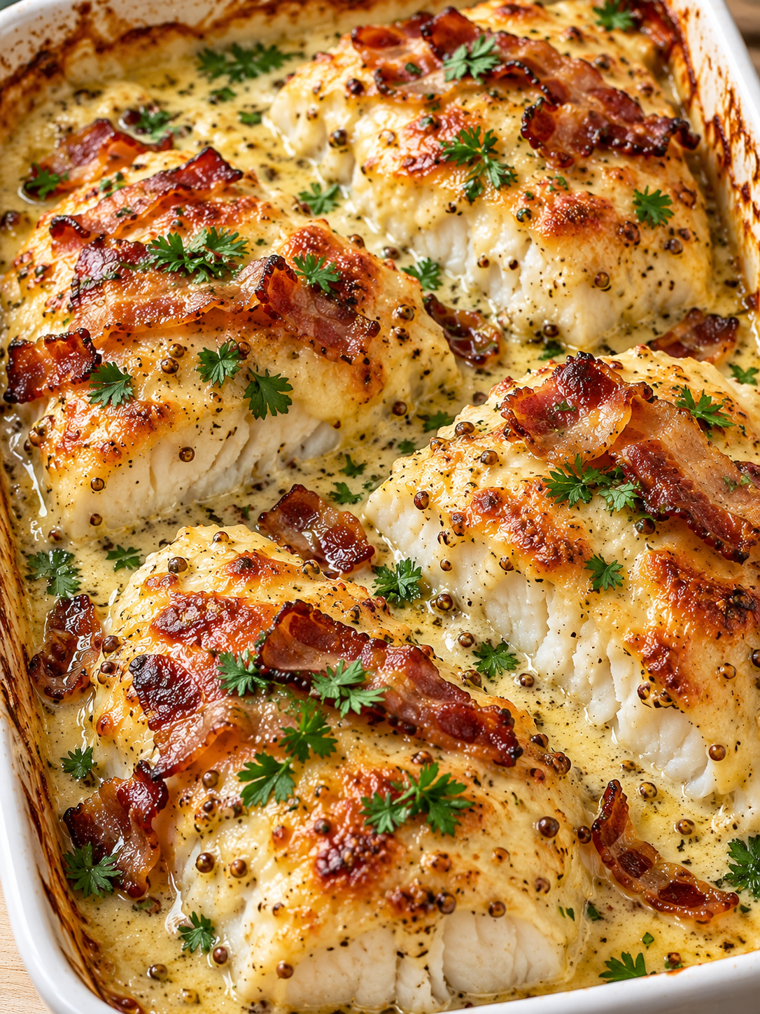 Pikantes Fischfilet mit Speck, Senfsauce und goldener Käsekruste