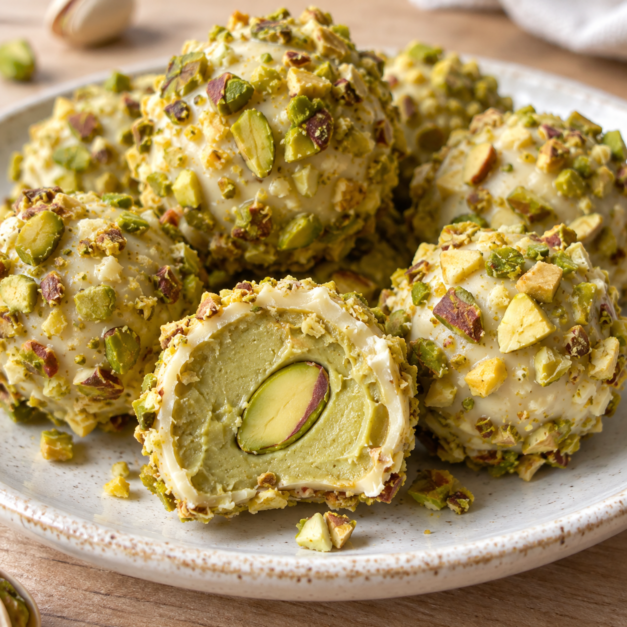 Pistazien-Rocher-Pralinen mit grüner Füllung und gehackten Pistazien