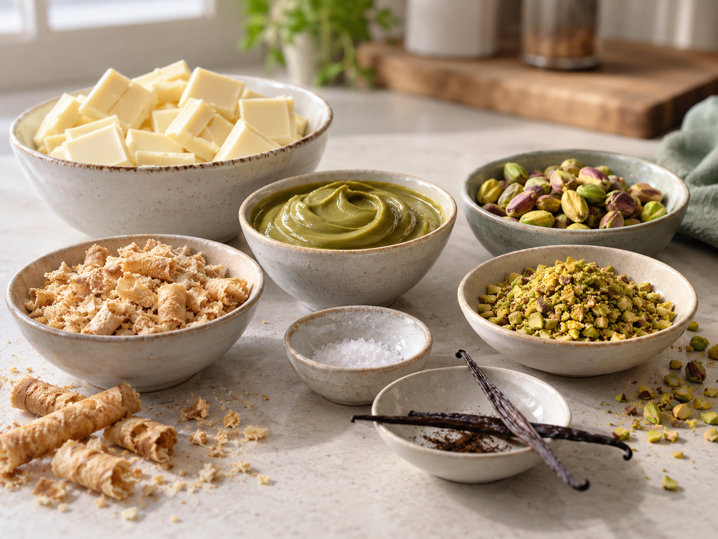 Zutaten für Pistazienpralinen mit Kuvertüre, Pistazien und Waffelbröseln