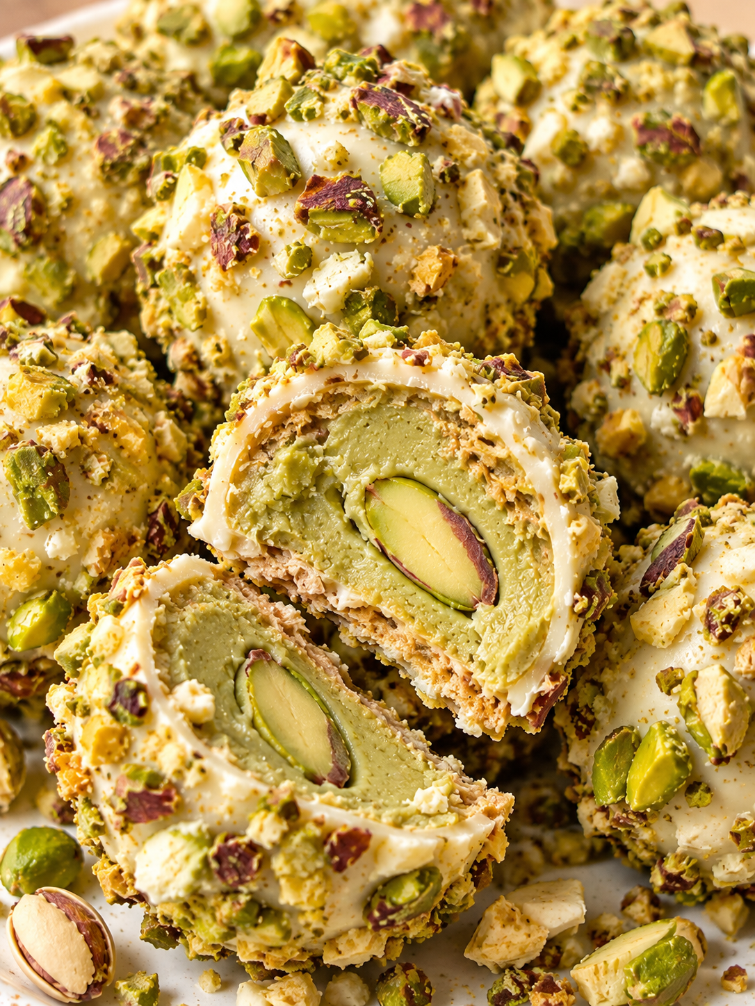 Pistazien-Rocher-Pralinen mit aufgebrochener grüner Pistazienfüllung