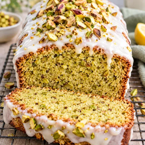 Pistazienkuchen mit Zitronenglasur und gehackten Pistazien