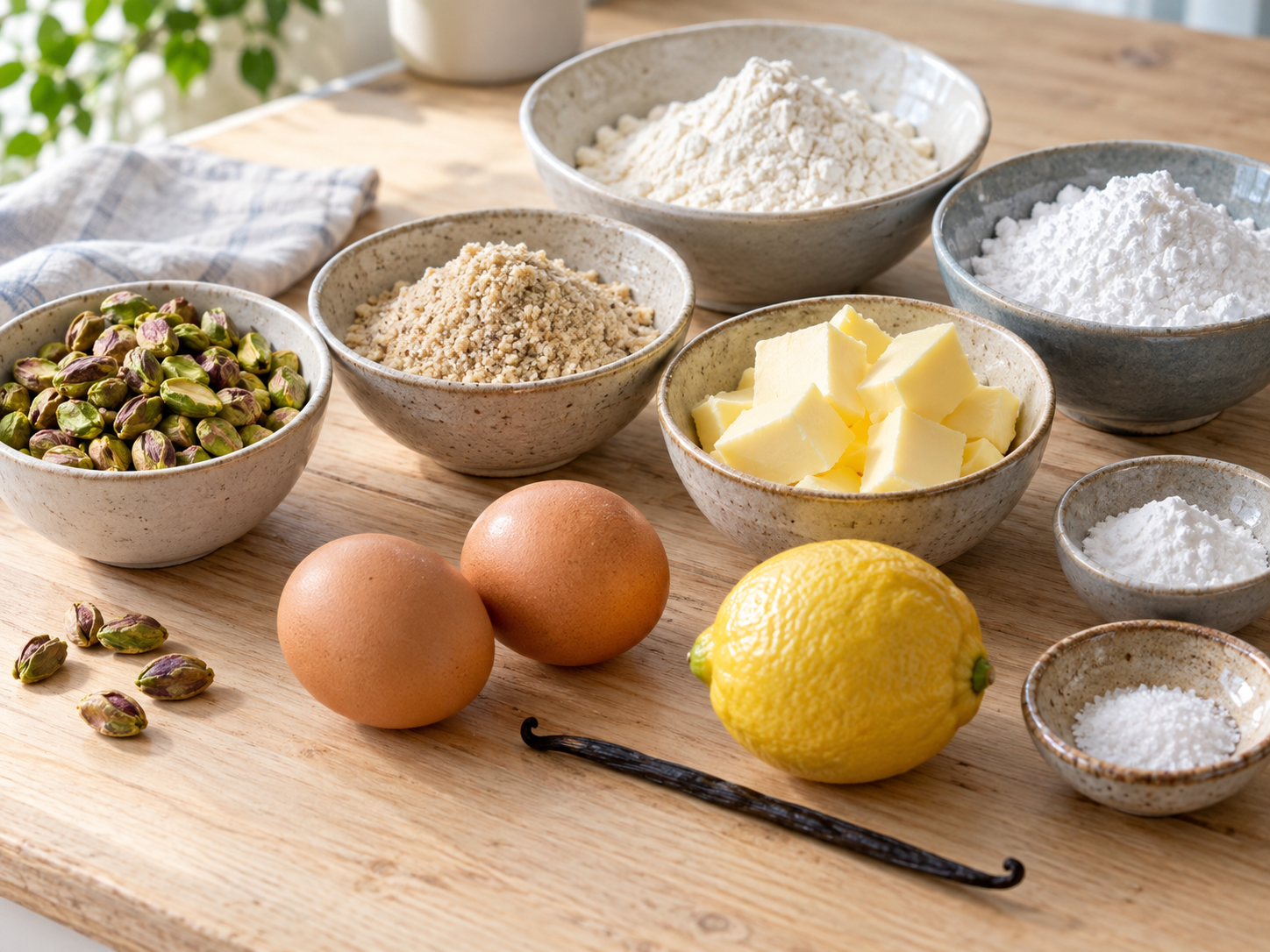 Zutaten für Pistazienkuchen mit Pistazien, Mandeln, Butter und Zitrone