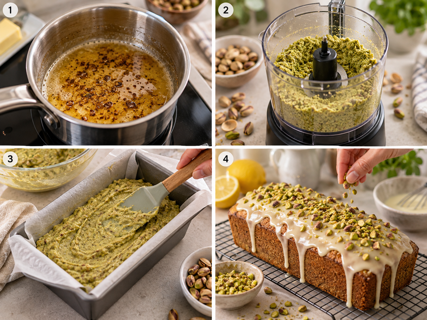 Vier Schritte für Pistazienkuchen von brauner Butter bis Zitronenglasur