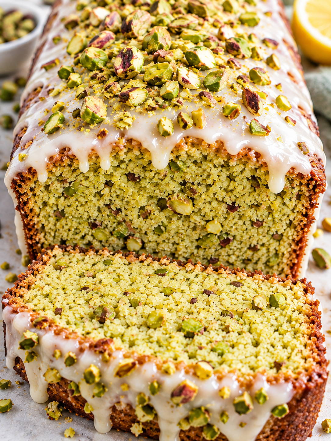 Saftiger Pistazienkuchen mit Zitronenglasur und grüner Krume