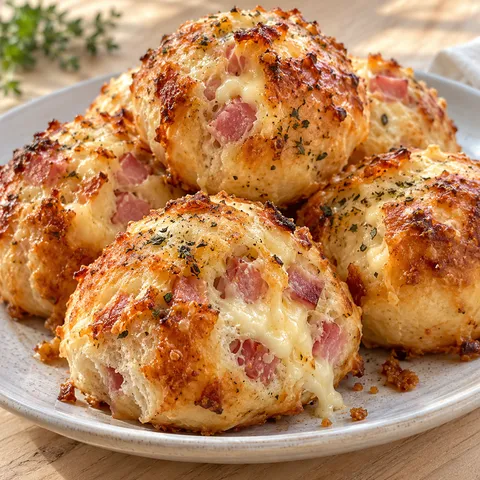 Goldbraune Pizza-Bällchen mit Schinken, Käsekruste und Kräutern