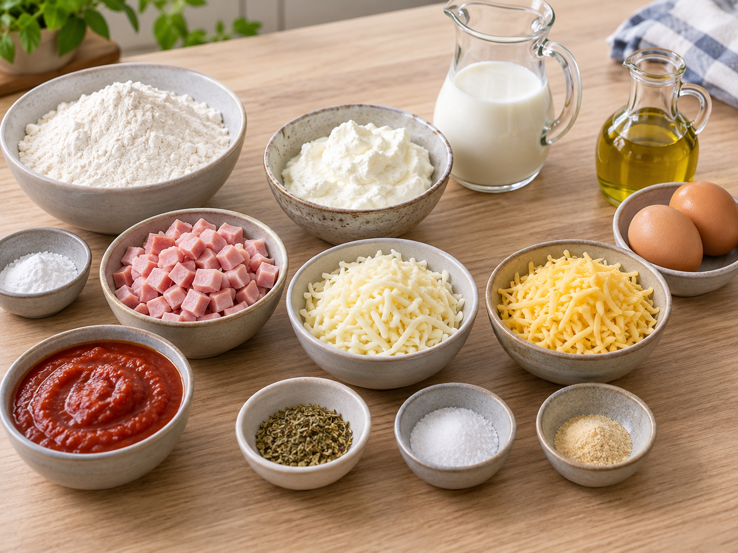 Zutaten für Pizza-Bällchen mit Schinken, Käse und Tomatensauce