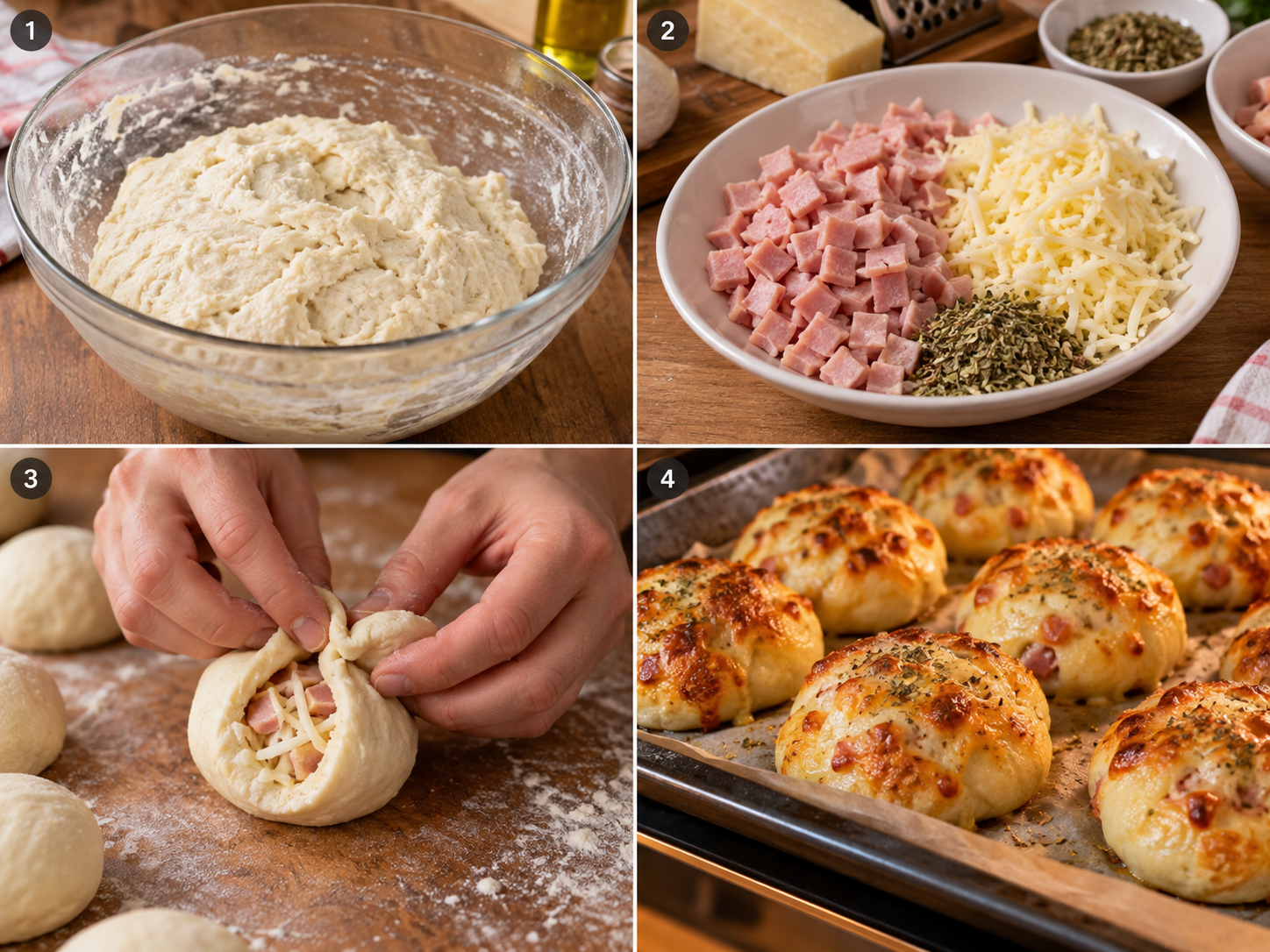 Vier Schritte für Pizza-Bällchen vom Teig bis zum gebackenen Blech