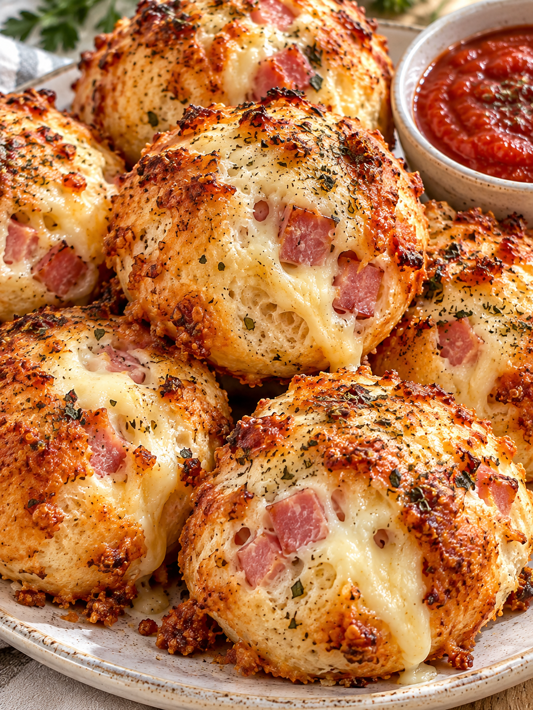 Pizza-Bällchen mit Schinken, geschmolzenem Käse und Tomatendip