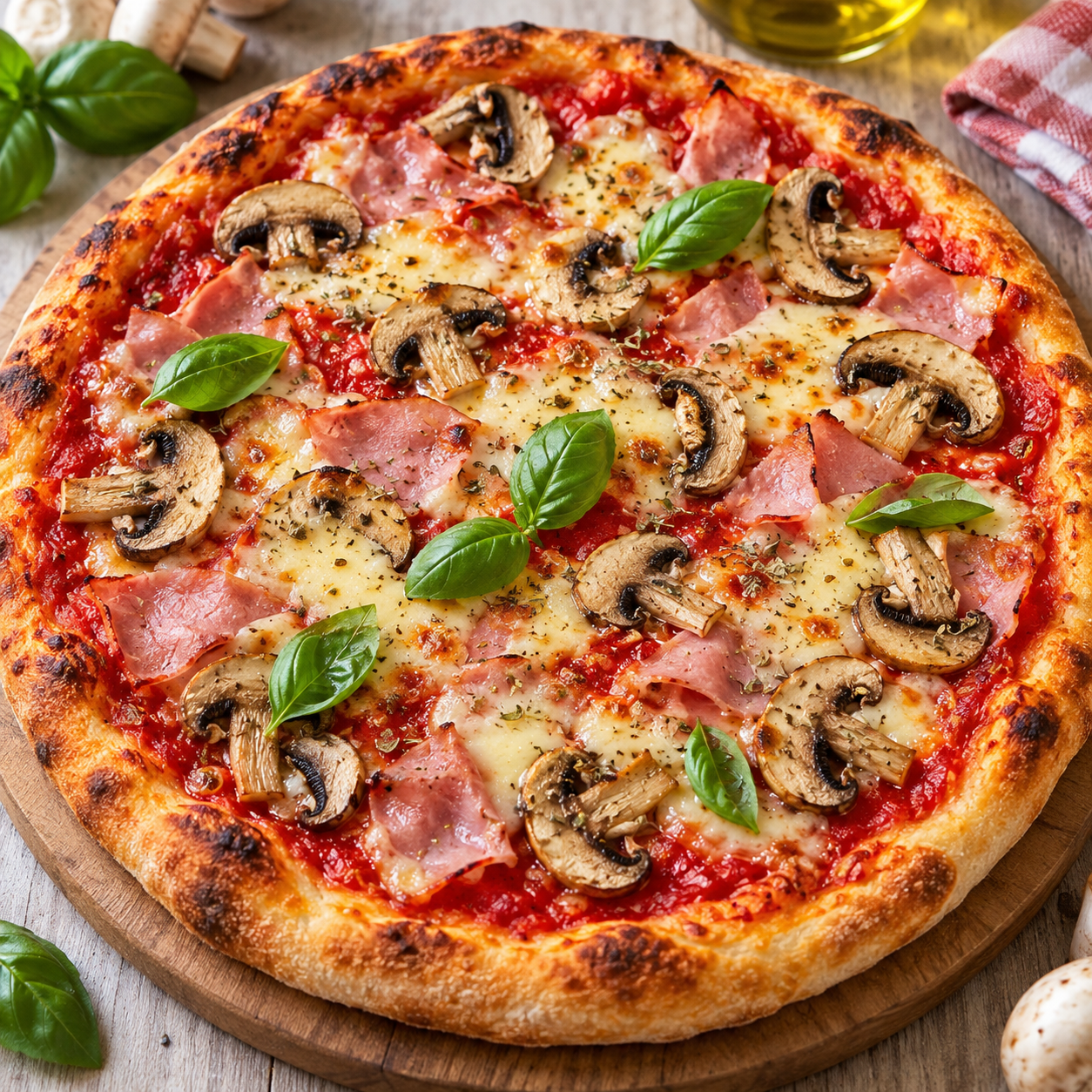 Pizza Regina mit Schinken, Champignons, Mozzarella und Basilikum