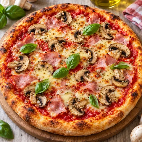 Pizza Regina mit Schinken, Champignons, Mozzarella und Basilikum