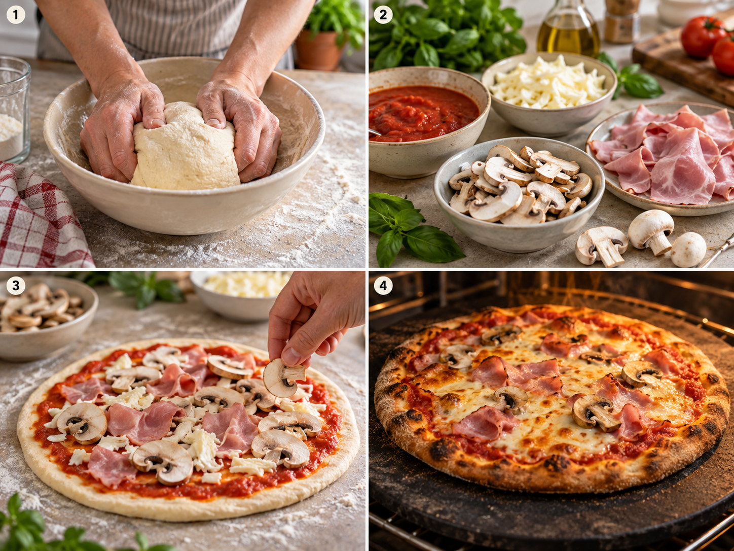 Vier Schritte fuer Pizza Regina vom Teig bis zum Backen