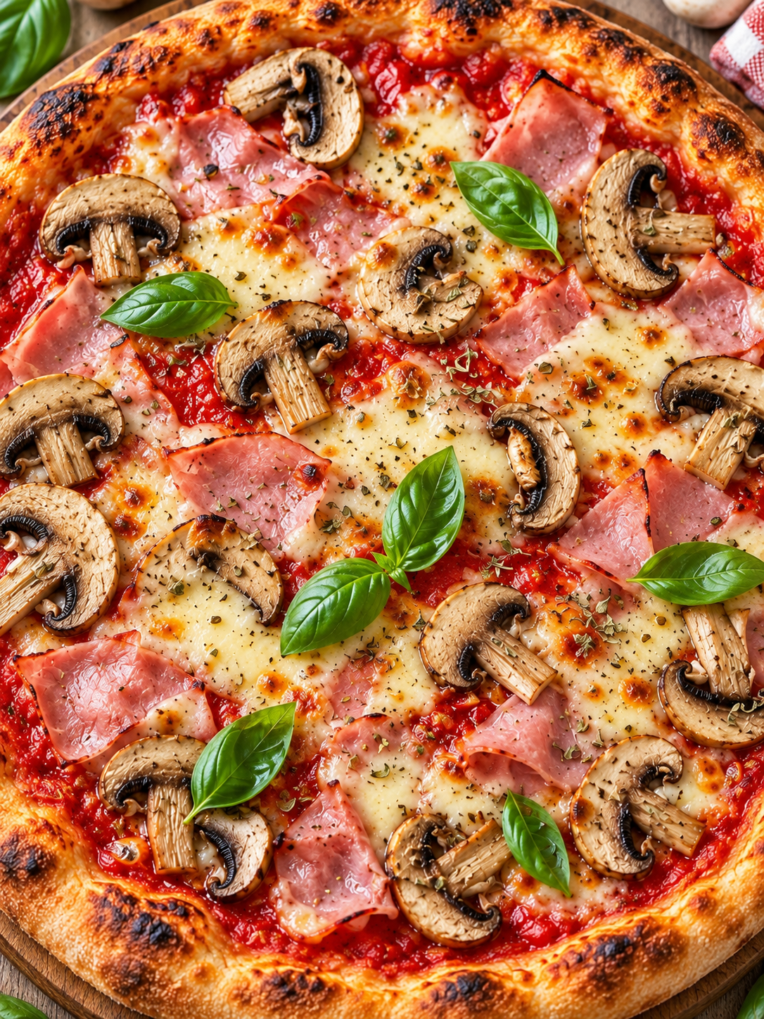 Pizza Regina von oben mit Schinken, Champignons und Basilikum