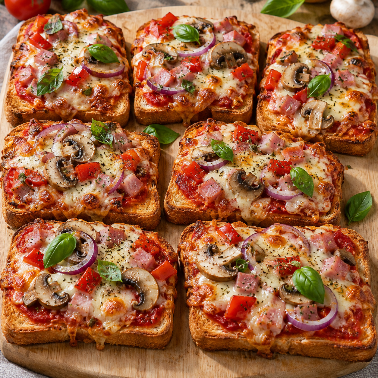 Pizza-Toast mit geschmolzenem Käse, Paprika, Schinken und Champignons