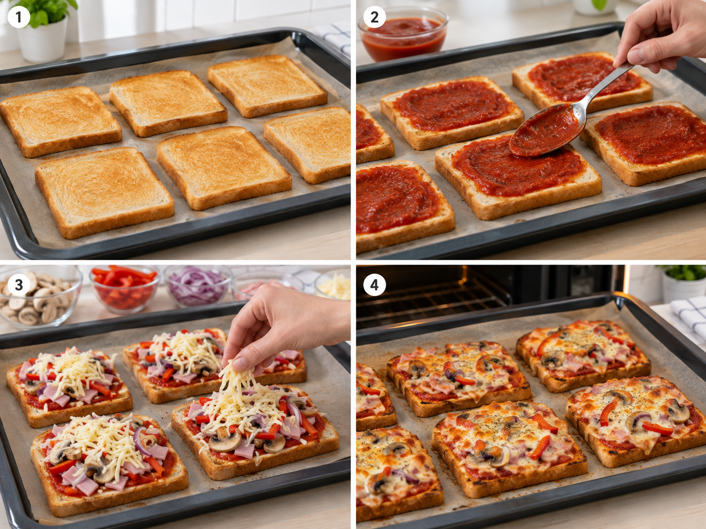 Vier Schritte für Pizza-Toast vom Vorrösten bis zum Backen