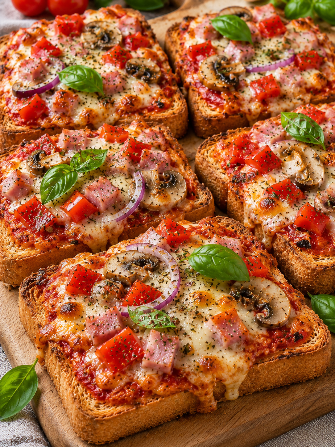 Knuspriger Pizza-Toast mit Käse, Schinken, Paprika und Basilikum