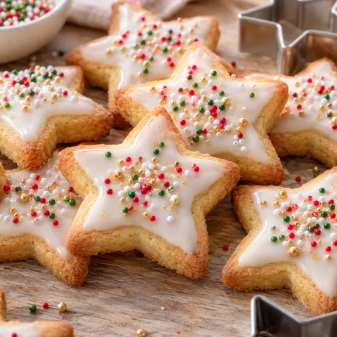 Sternförmige Butterplätzchen mit weißem Guss und bunten Zuckerperlen