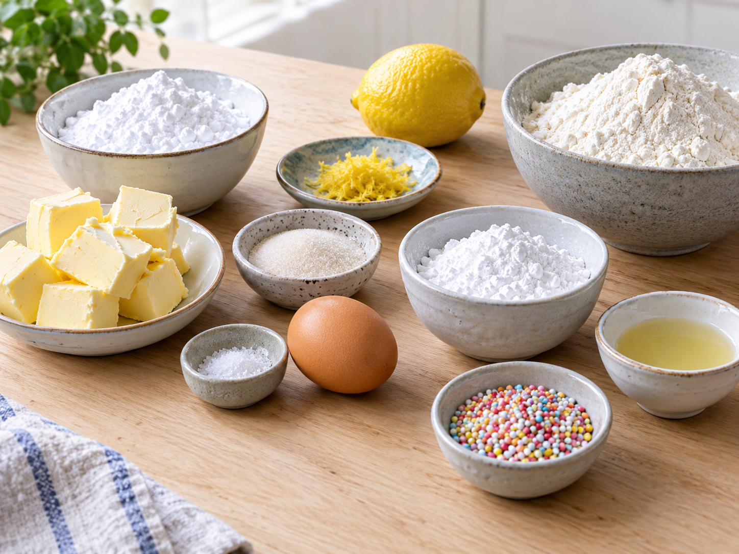 Zutaten für Plätzchenteig mit Butter, Mehl, Ei, Zitrone und Zuckerperlen