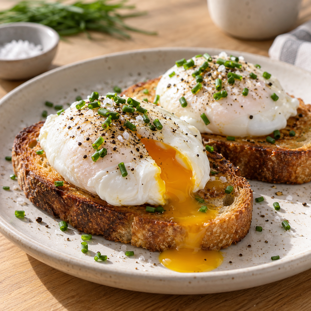 Pochierte Airfryer-Eier auf Toast mit Schnittlauch und Pfeffer