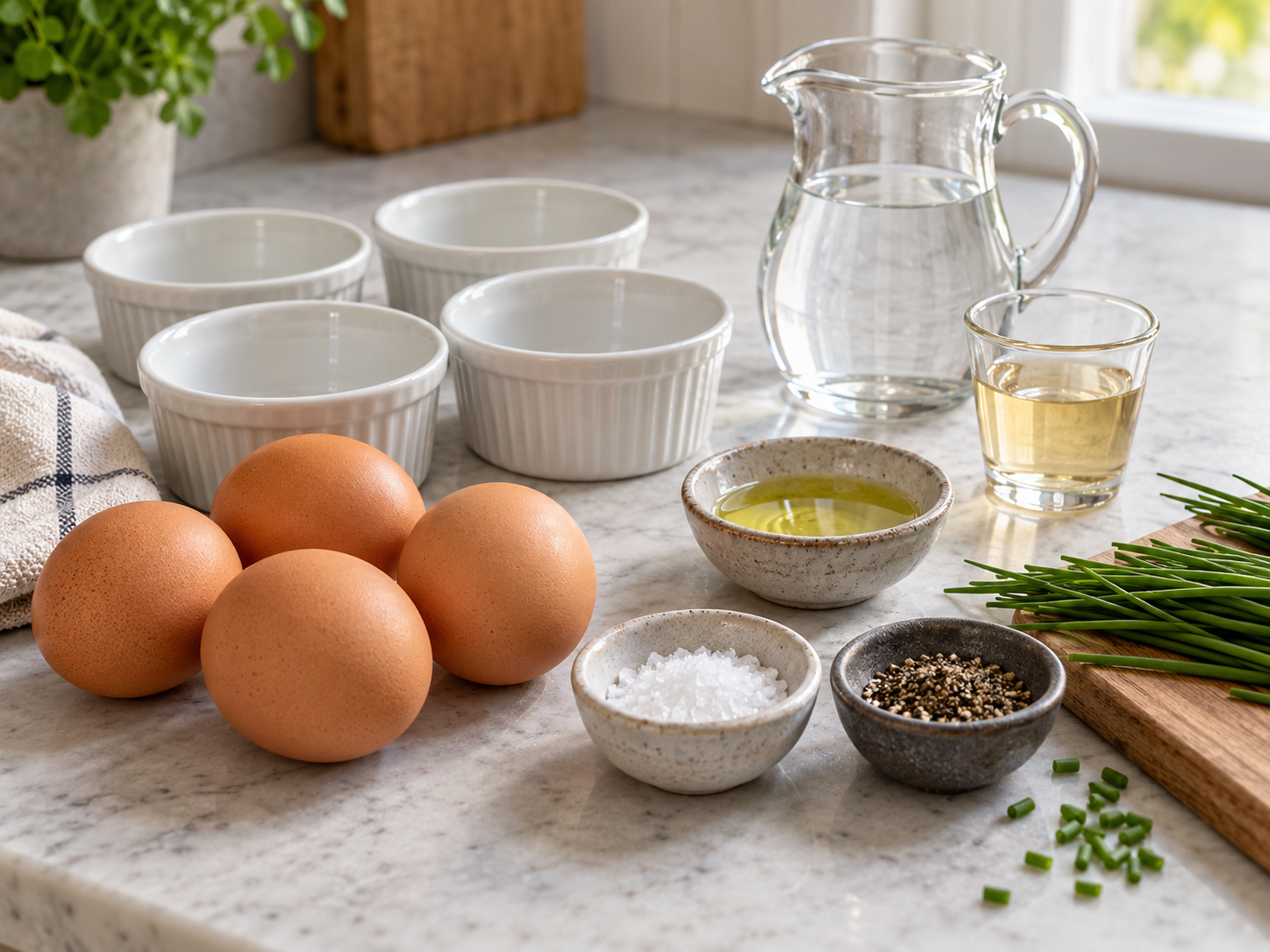 Zutaten für pochierte Airfryer-Eier mit Förmchen und Schnittlauch