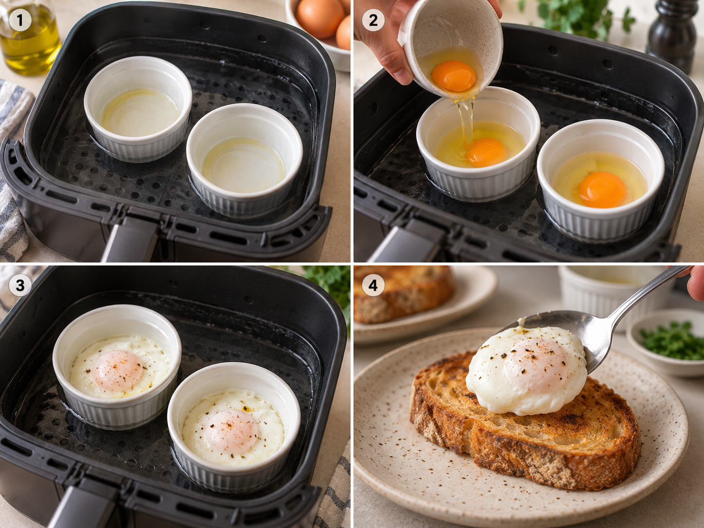 Vier Schritte für pochierte Eier aus dem Airfryer in Förmchen