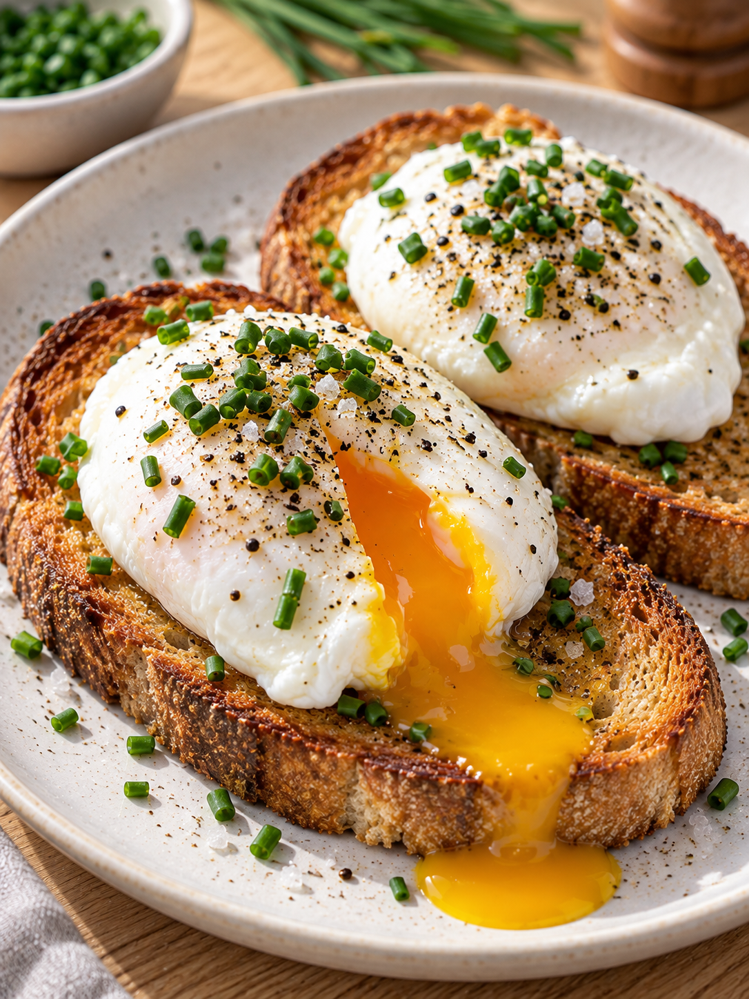 Pochierte Airfryer-Eier mit weichem Eigelb auf Toast