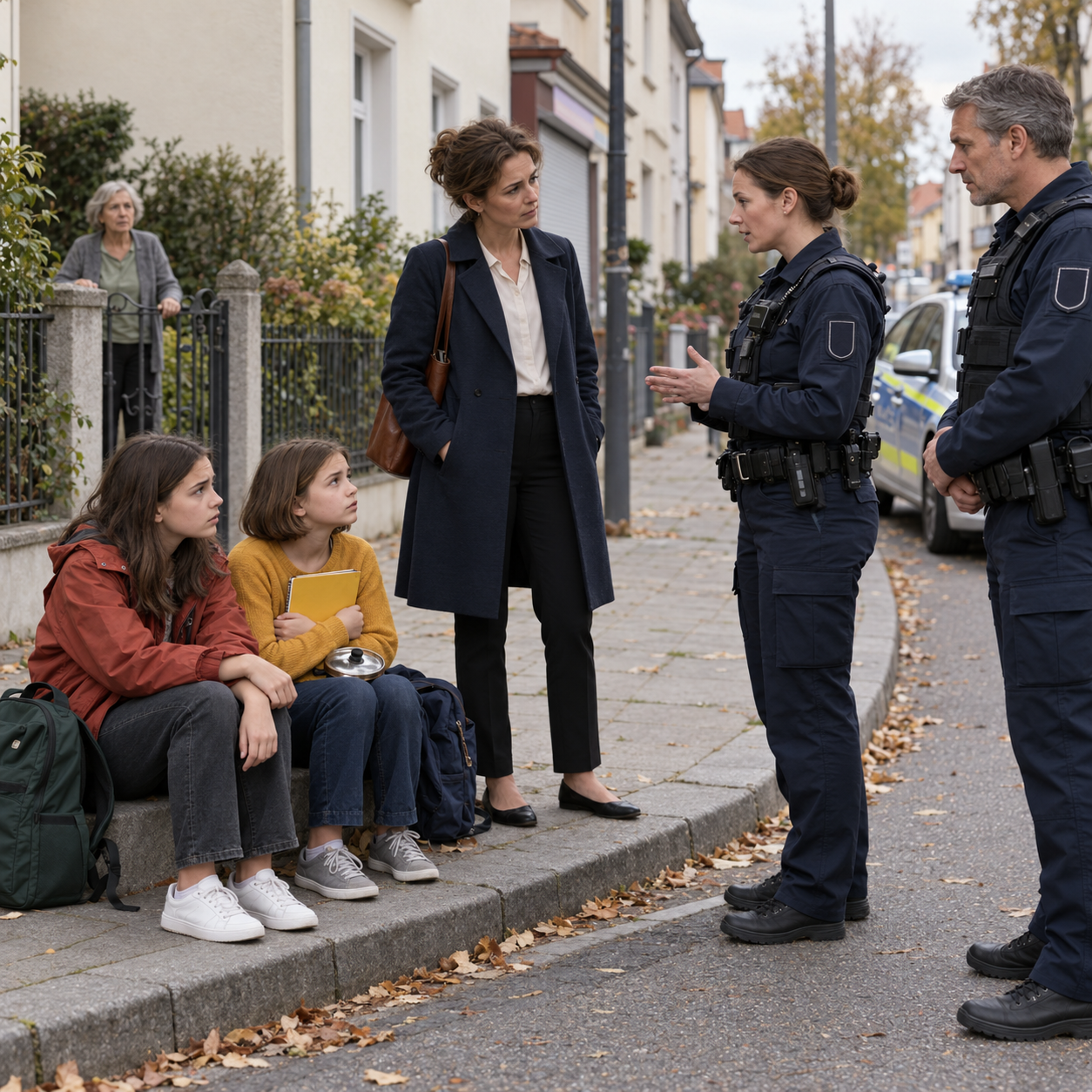 Fiktive Szene: Zwei Schwestern sitzen mit ihren Taschen am Bordstein, während ihre Mutter mit zwei Polizeibeamten spricht.