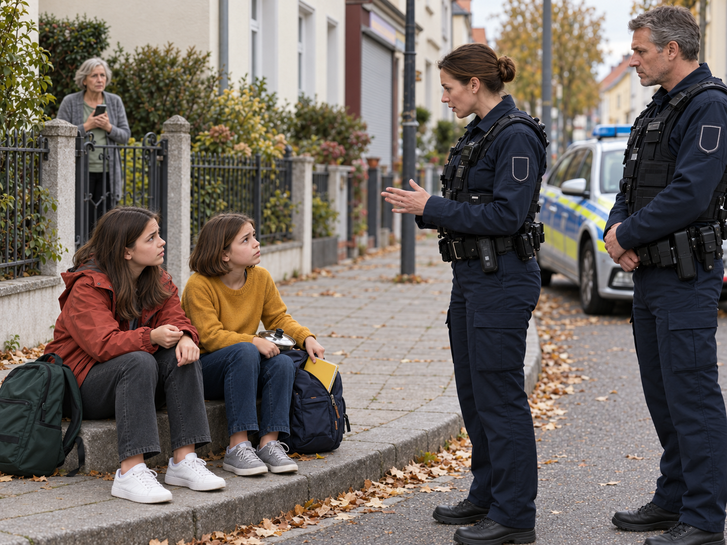 Jule schiebt ihr gelbes Heft unter den Rucksack, während Mila zur Polizistin aufblickt; gegenüber beobachtet Ursula die Szene.