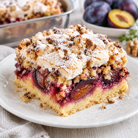 Polnischer Zwetschgenkuchen mit Baiser, Nussstreuseln und Puderzucker