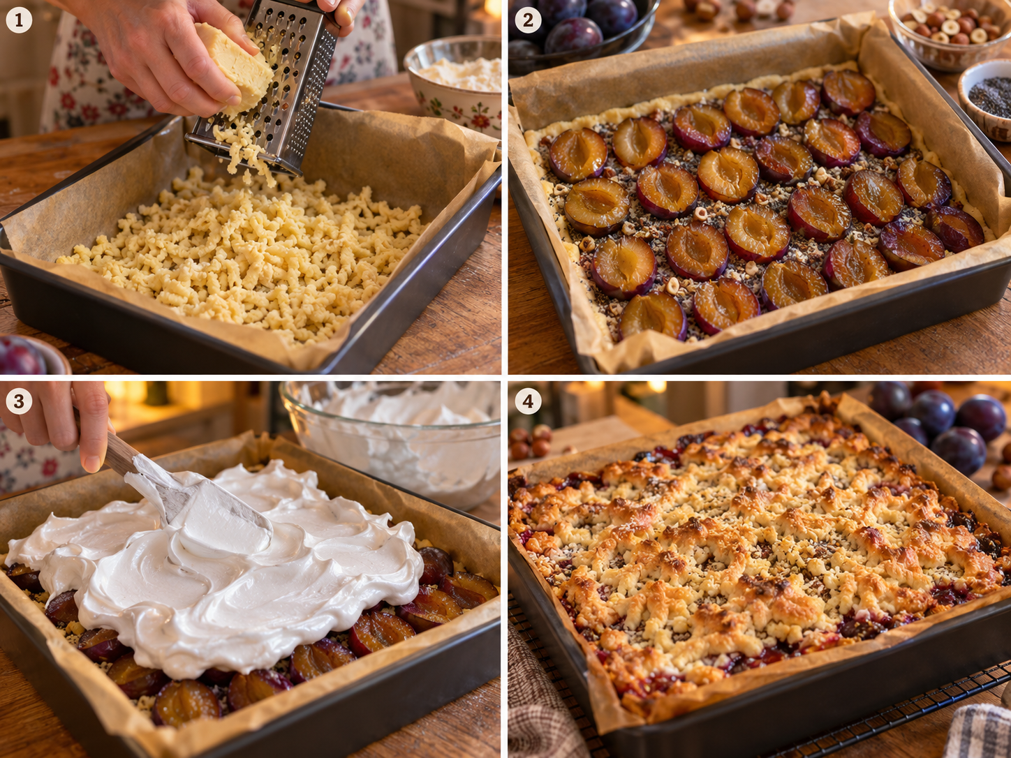 Vier Schritte für Zwetschgenkuchen mit Mürbeteig, Baiser und Streuseln