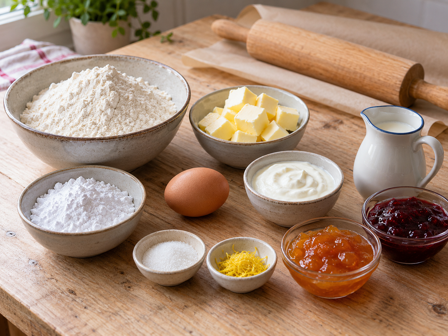 Zutaten für Polsterzipf mit Marmelade auf hellem Holz