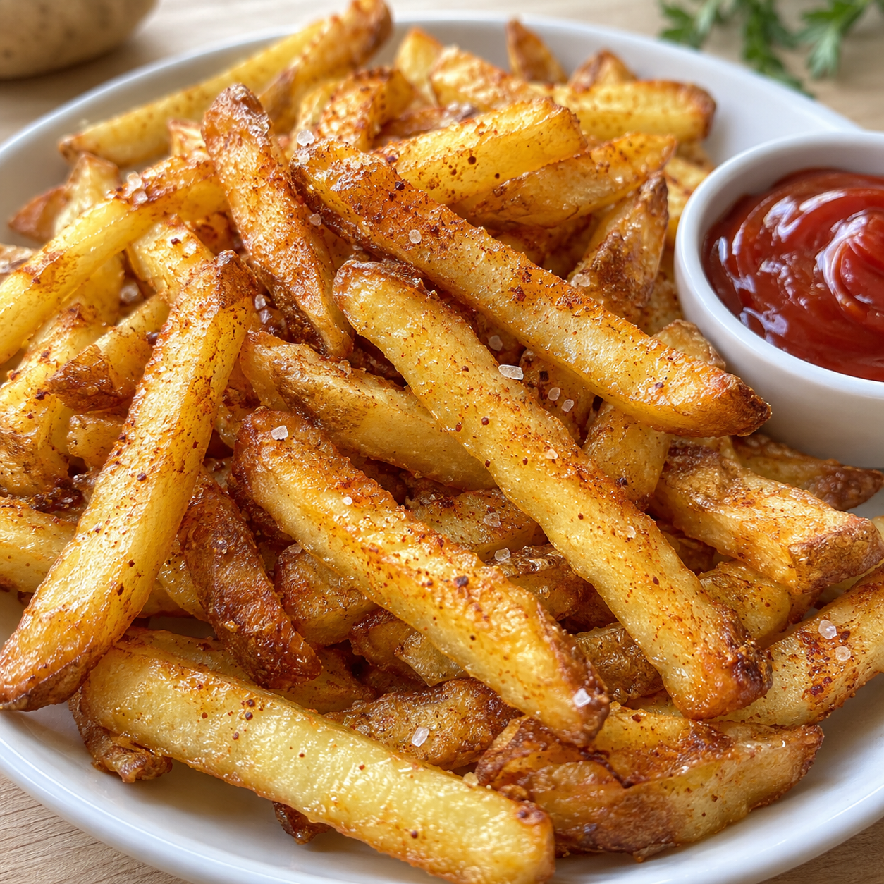Goldgelbe Pommes aus der Pfanne in einer weißen Schale
