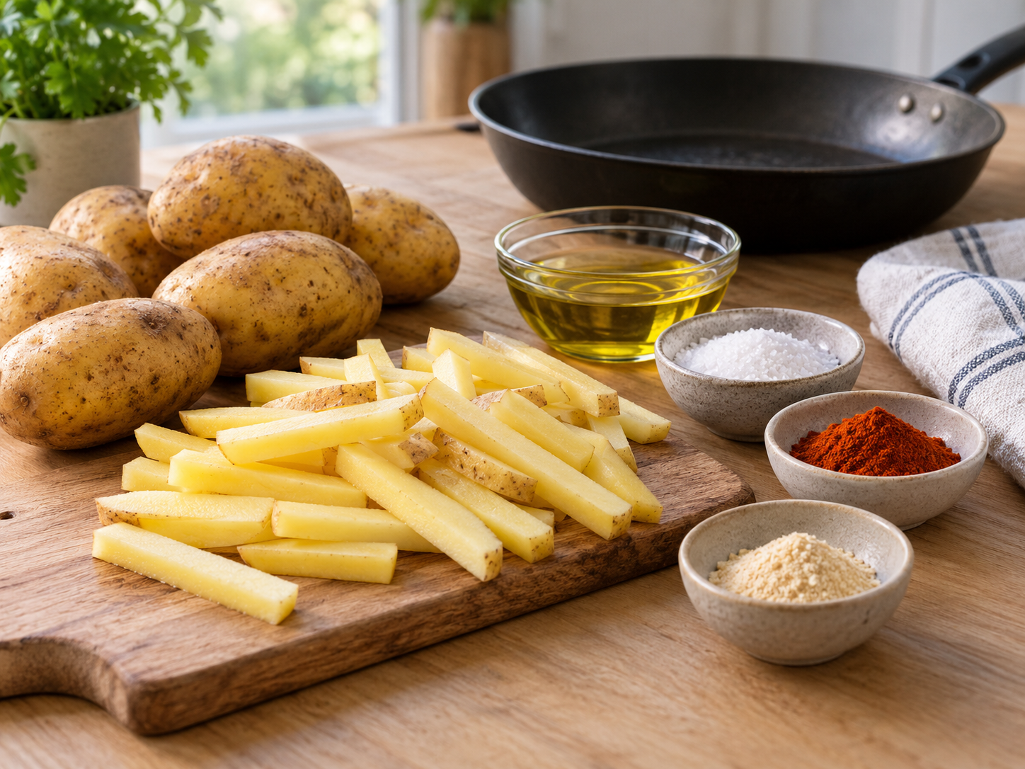 Kartoffeln, Öl und Gewürze für Pommes aus der Pfanne