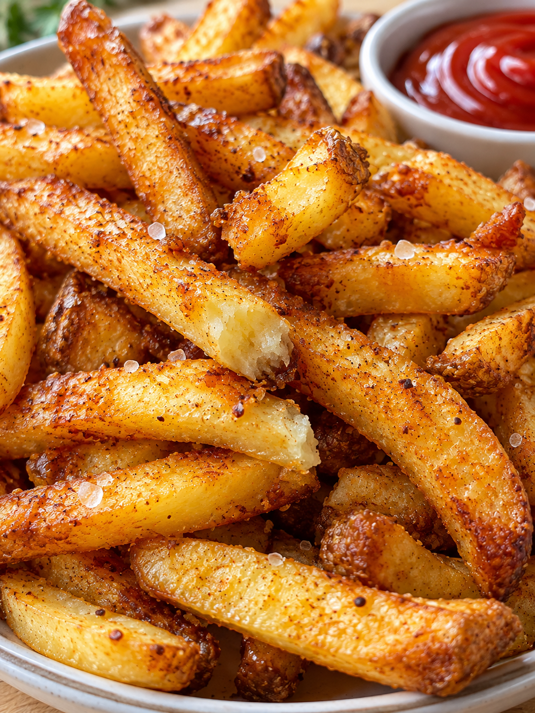 Knusprige Pommes aus der Pfanne mit Salz und Dip