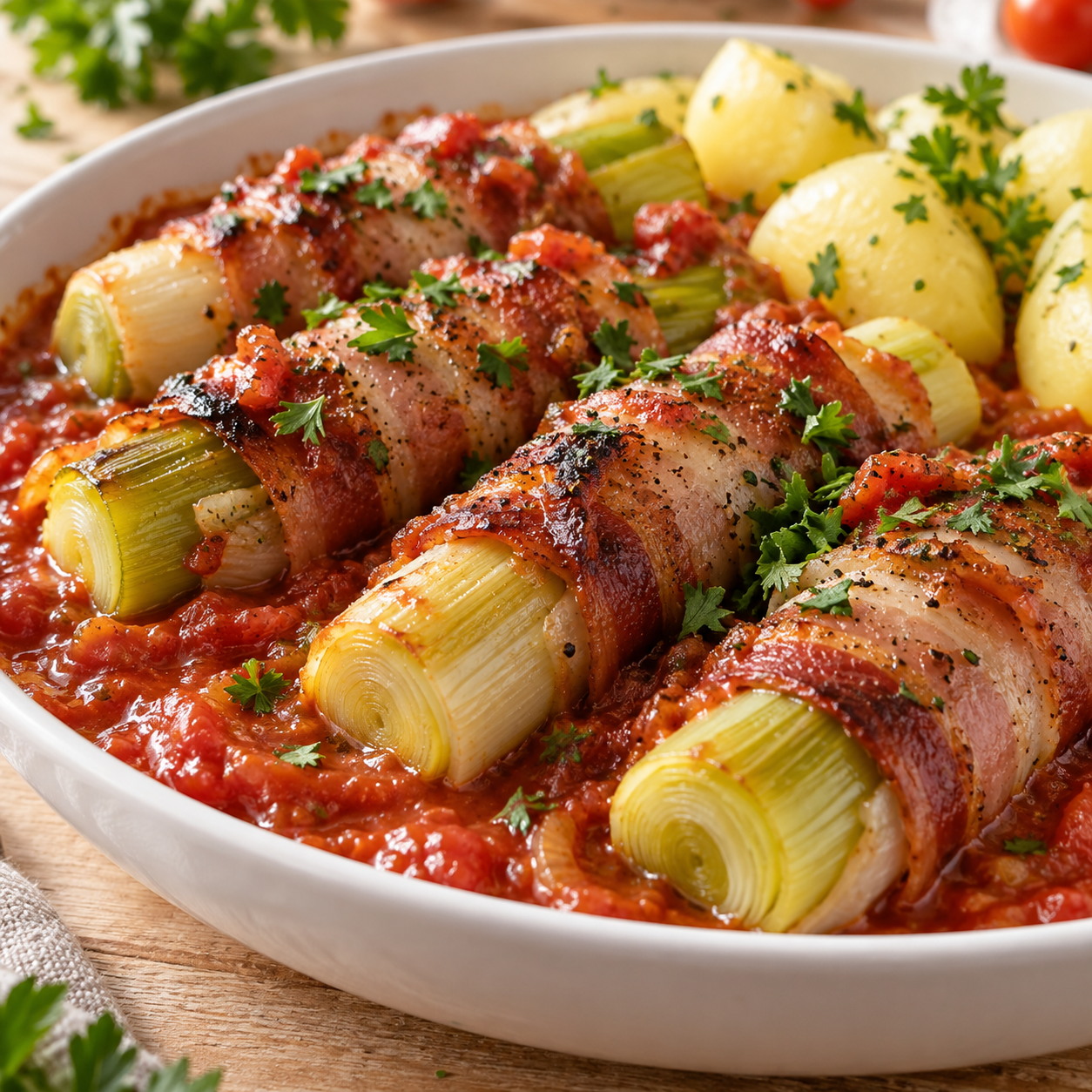 Porreerollen im Speckmantel mit roter Tomatensoße und Petersilie
