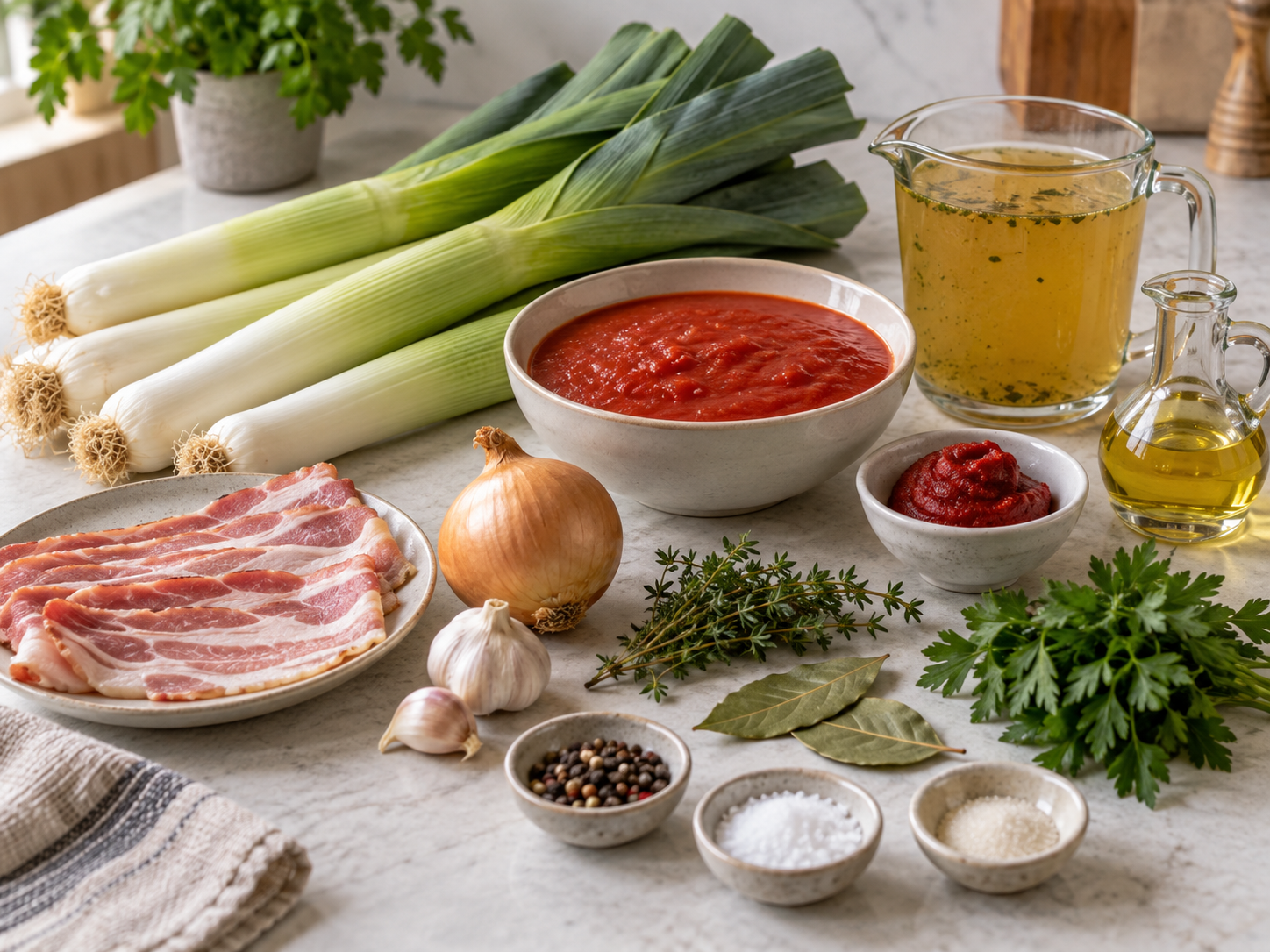 Zutaten für Porreerollen mit Speck und Tomatensoße auf heller Fläche