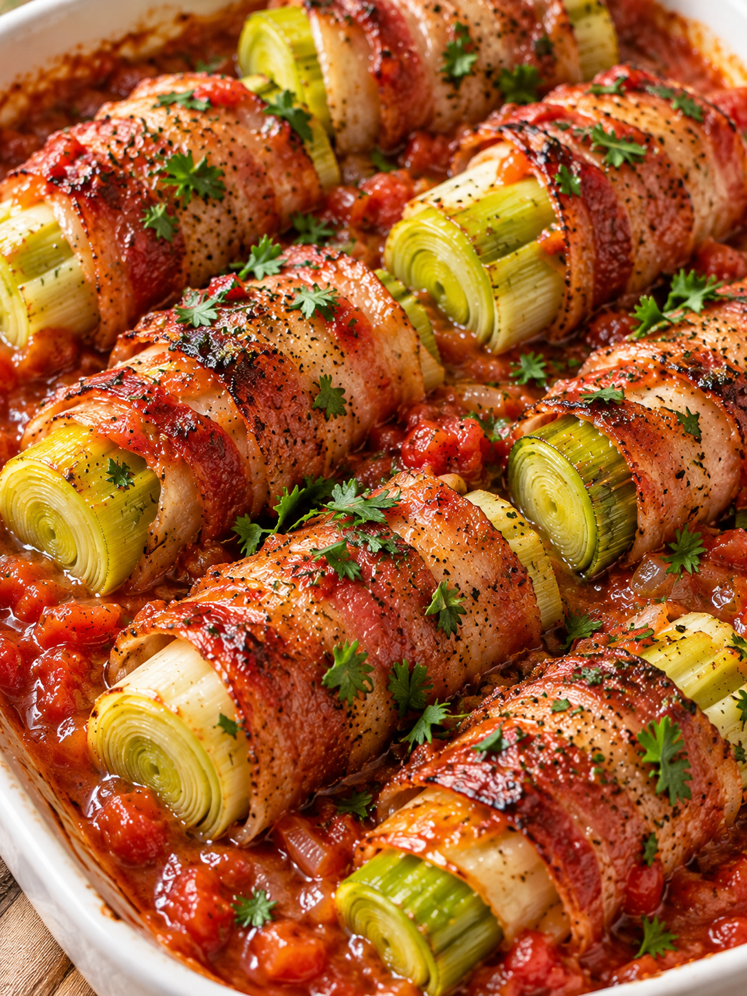 Fertige Porreerollen mit Speck in glänzender Tomatensoße