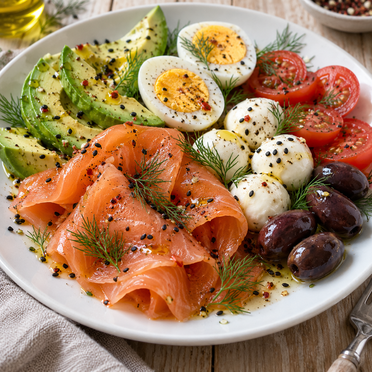 Räucherlachs mit Avocadospalten, Ei, Mini-Mozzarella, Tomaten und dunklen Oliven